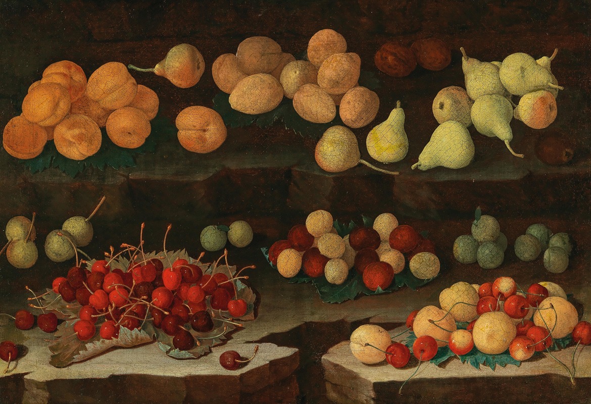 Lombard School - Apricots, pears, cherries and plums, on a ledge