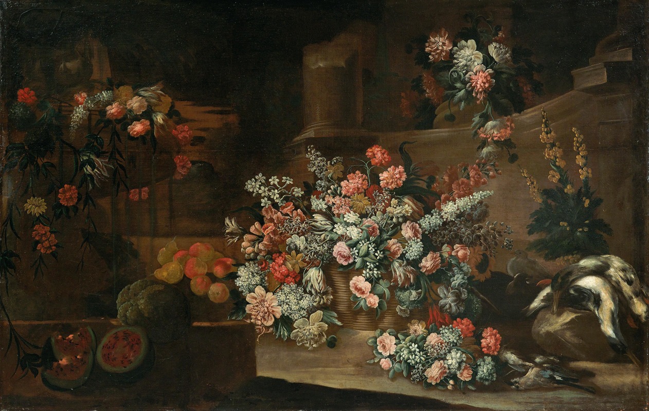 Lombard School - Still life with flowers, fruit and birds amongst ruins