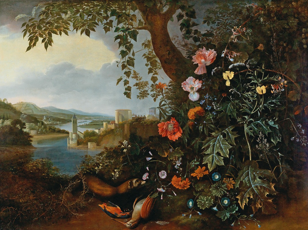 Matthias Withoos - A landscape with flowers and a marten and bird trap