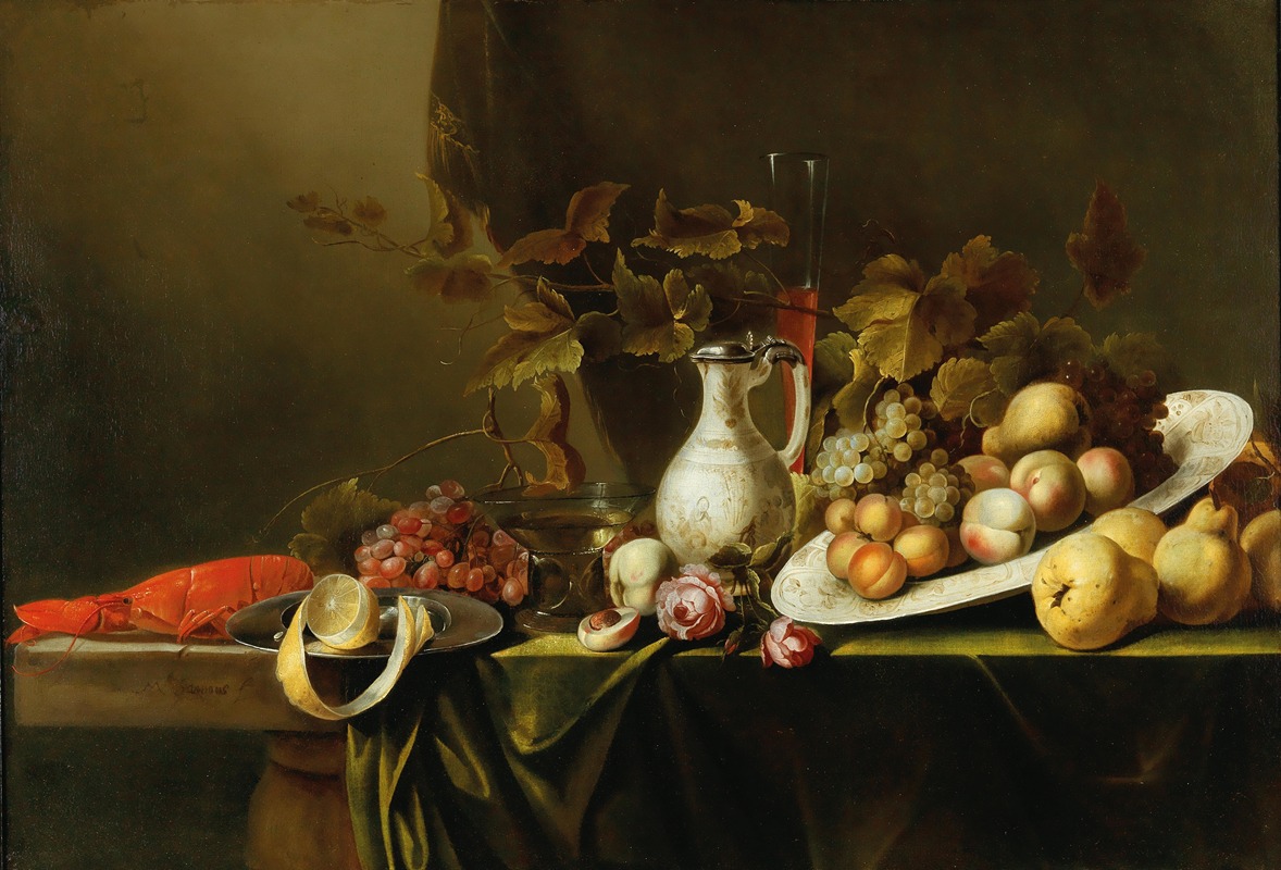 Michiel Simons - Fruit, flowers, a boiled lobster and a jug