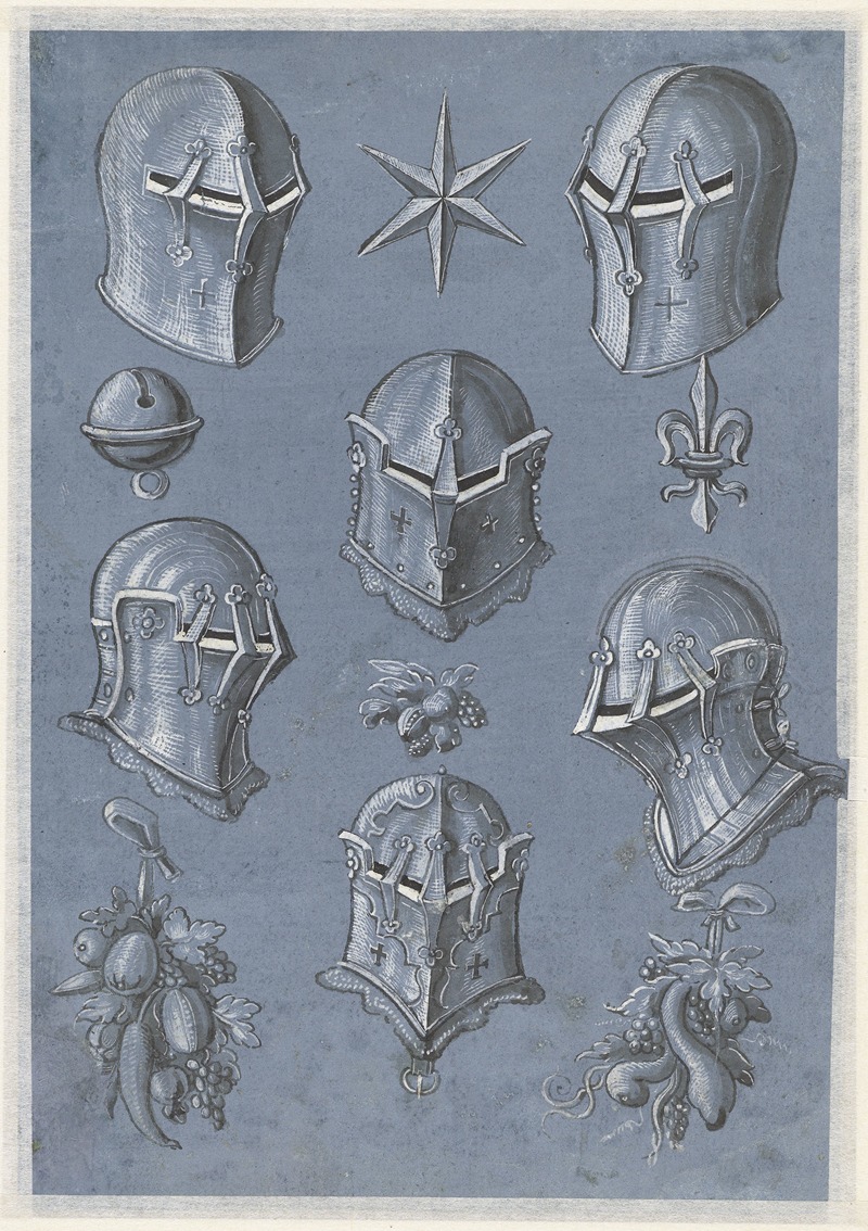 Monogrammist TA - Blad met zes helmen, een ster, een heraldieke lelie, een bel en drie vruchtentrossen