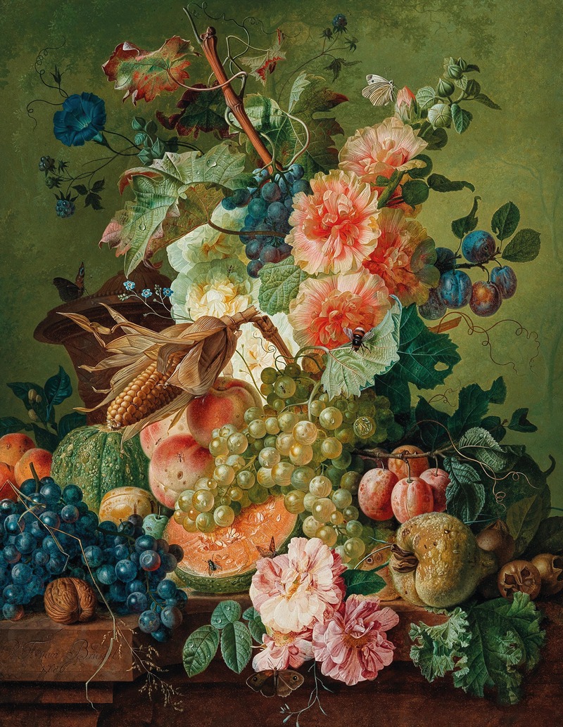 Paul Theodor Van Brussel - Flowers, Fruit And A Corn On The Cob On A Table Ledge