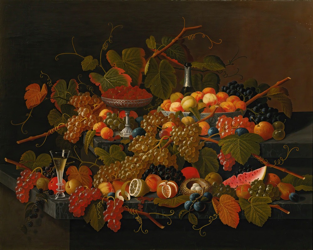Severin Roesen - Still Life With Fruit And Champagne