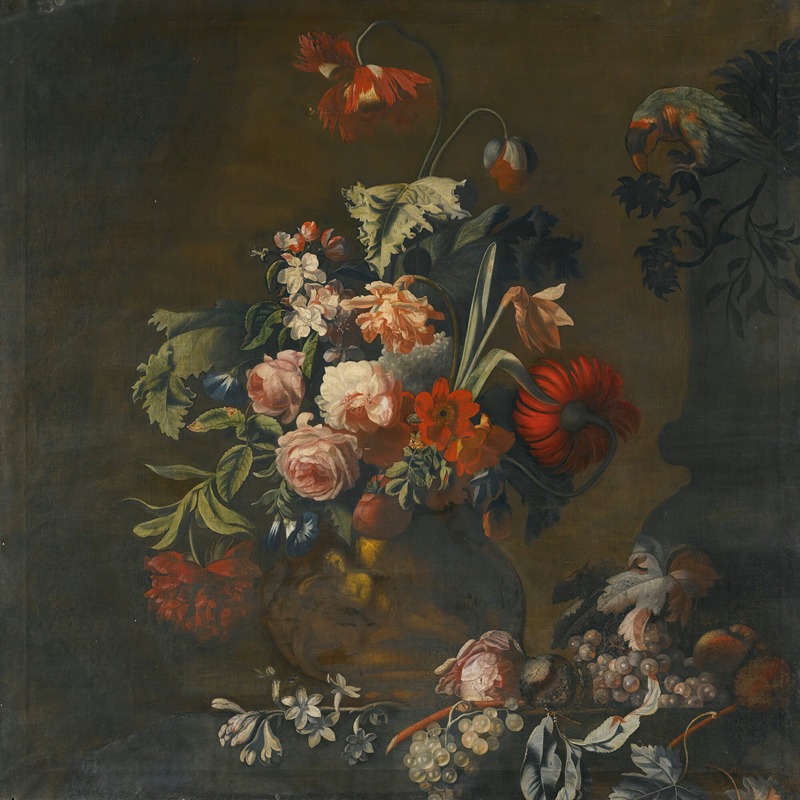 Simon Verelst - Still Life Of Roses, Variegated Tulips, Peonies And Other Flowers In A Sculpted Vase, Together With Grapes And A Macaw