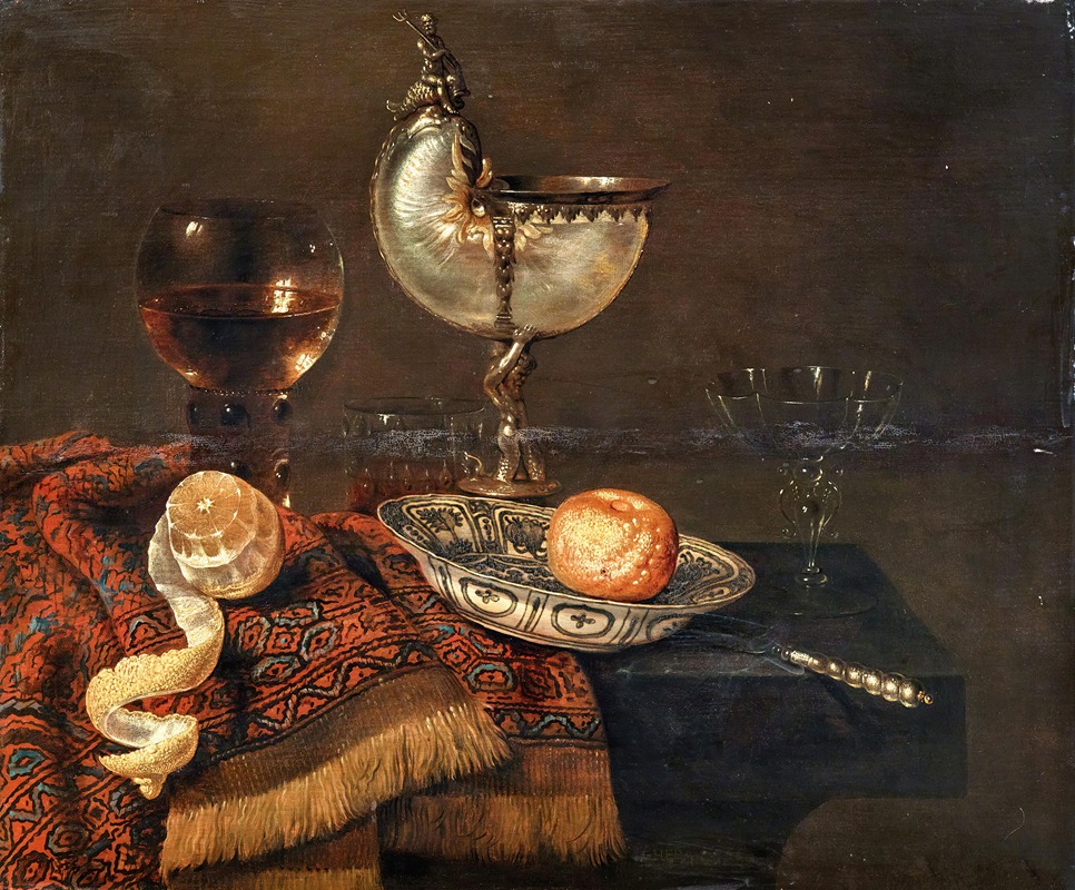 Willem Claesz Heda - A clementine in a porcelain bowl, a nautilus cup, a roemer, two glasses, a knife, a peeled lemon on an ornamental carpet on a table