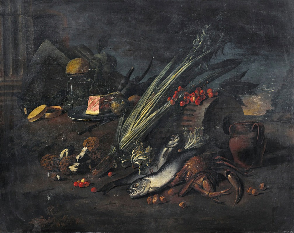 Angelo Maria Rossi - Still life with fish and mushrooms