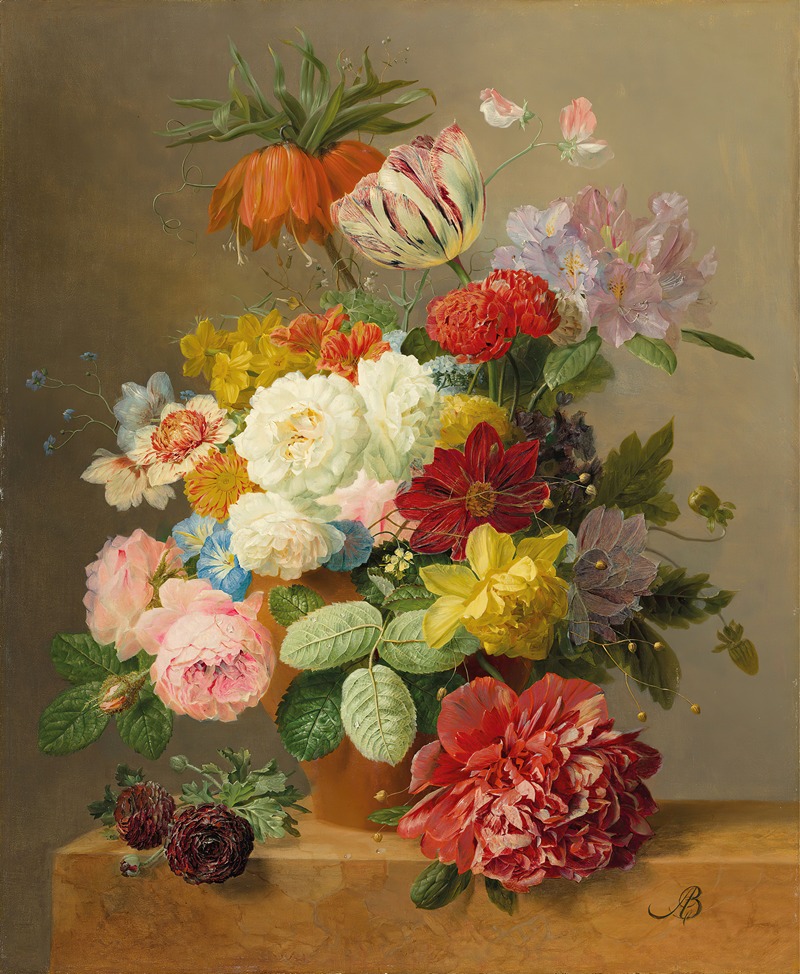Arnoldus Bloemers - Still life with roses, peonies, tulips, narcissi, convulvulus and others in a vase on a marble ledge