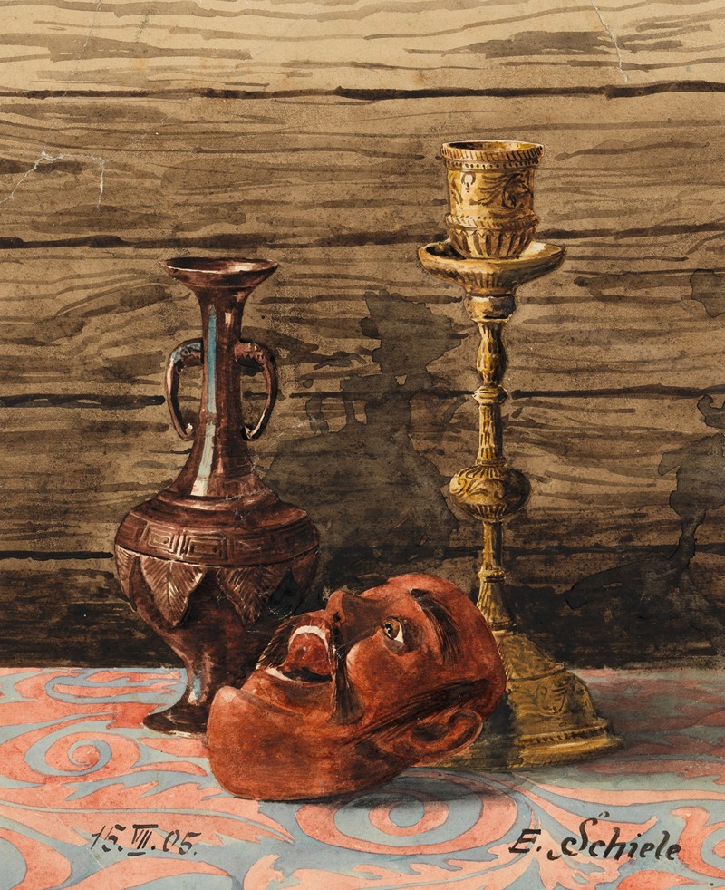 Egon Schiele - Stillleben mit Kerzenleuchter, Vase und Maske