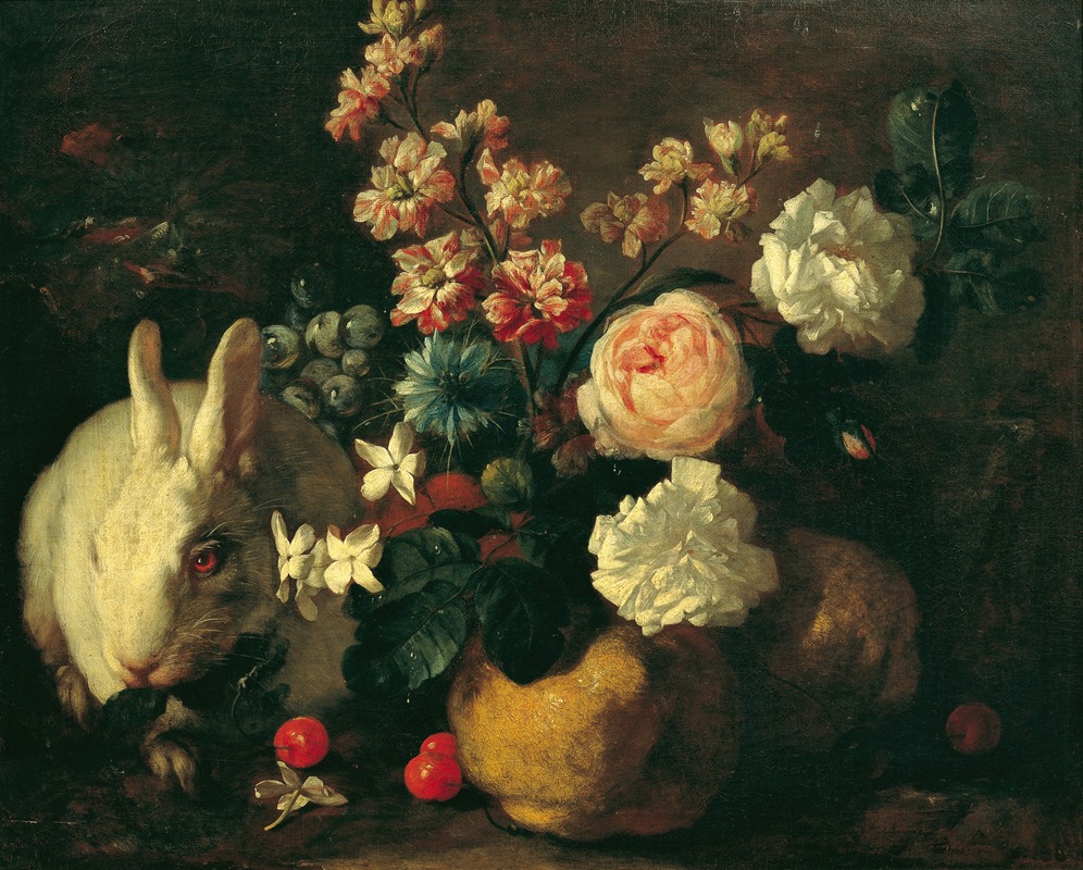 Franz Werner von Tamm - Stillleben mit Kaninchen, Blumen und Früchten