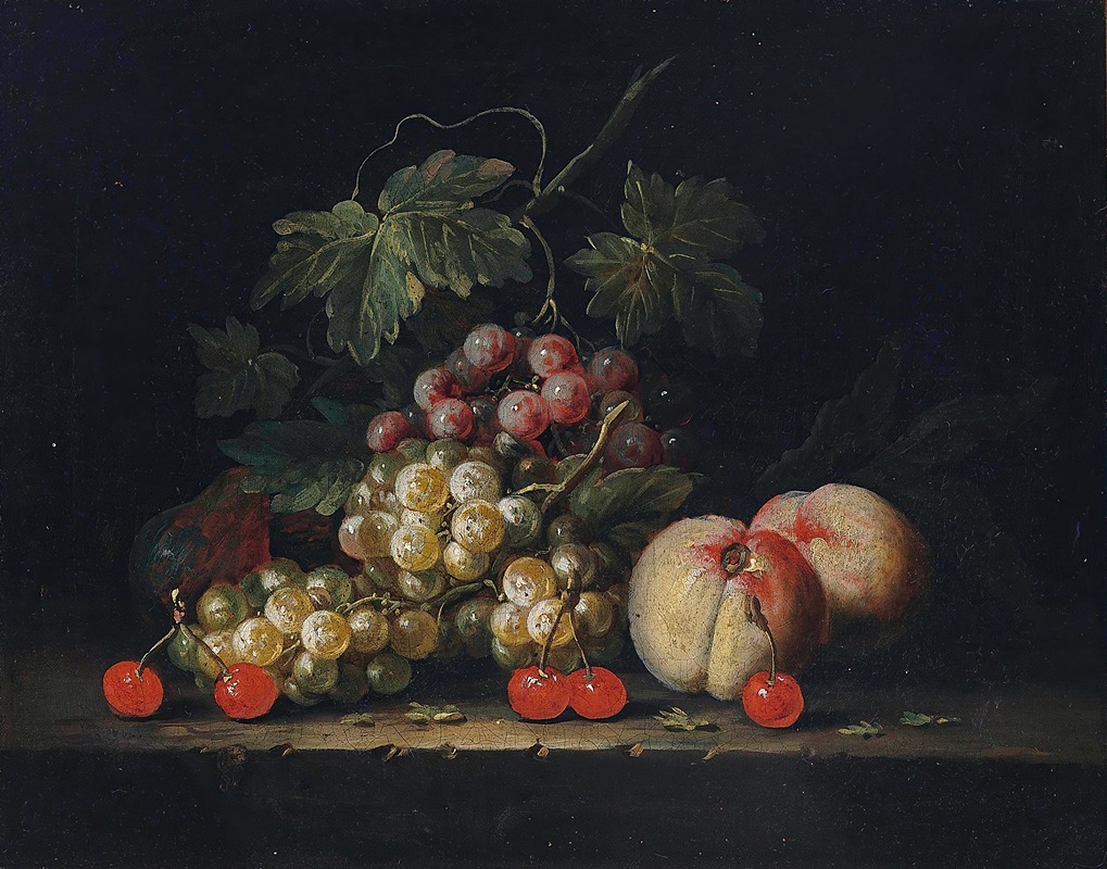 George William Sartorius - Grapes, peaches and cherries on a stone ledge