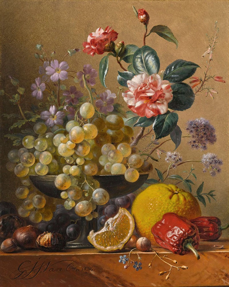 Georgius Jacobus Johannes van Os - Still life with a camelia spray, cornflowers and grapes in a silver bowl, with nuts, an orange and red peppers, all on a marble ledge