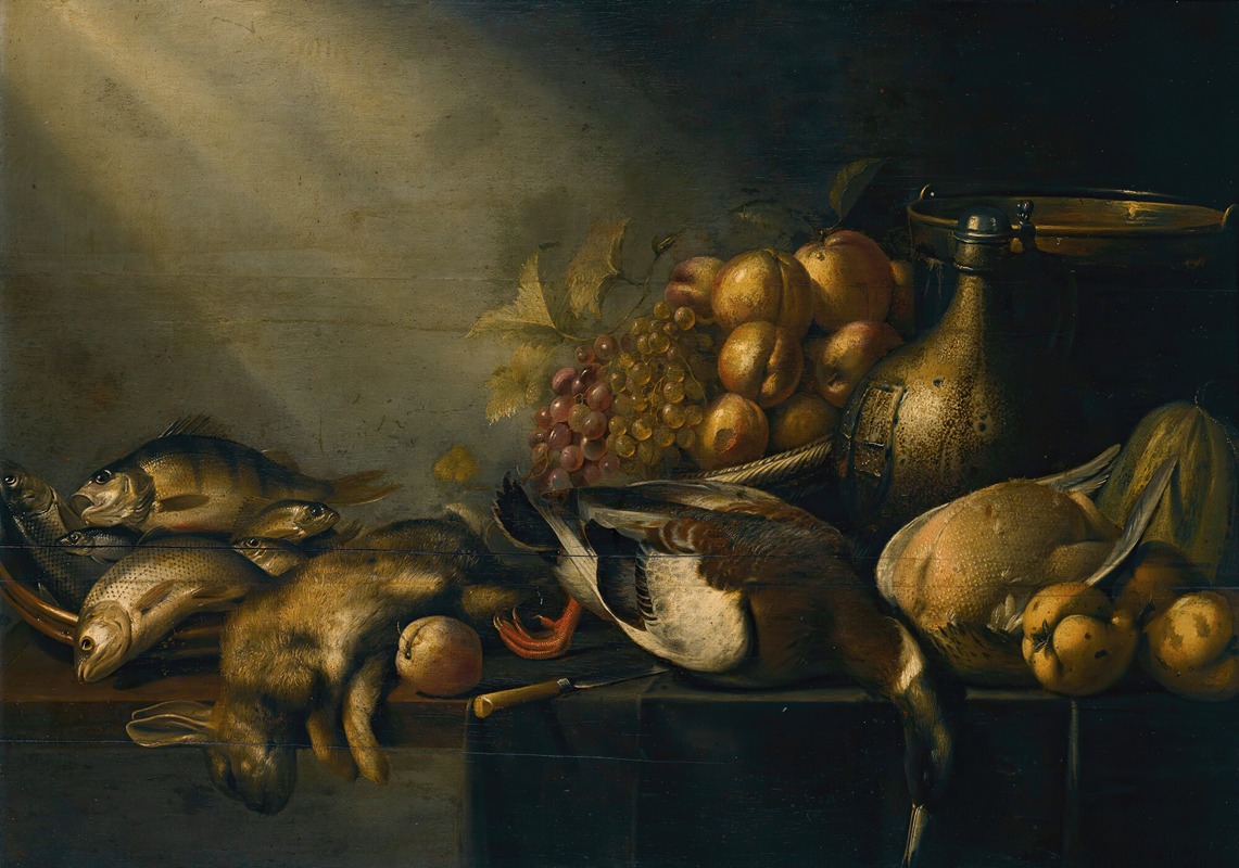 Harmen Steenwyck - Still life with a dead hare and duck, fish, vegetables and an earthenware flagon, on a draped table