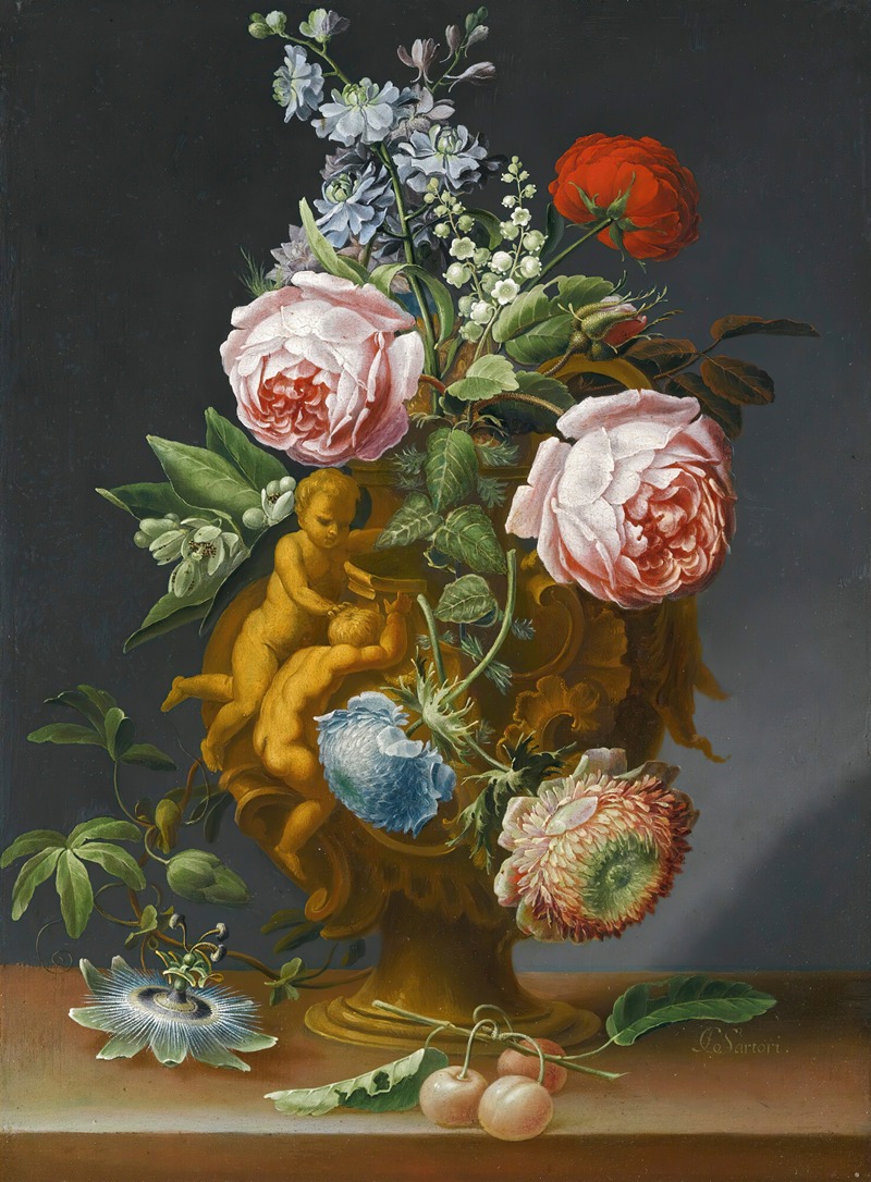 J.C. Sartori - Still life of roses and other flowers in an antique vase decorated with putti, all upon a ledge