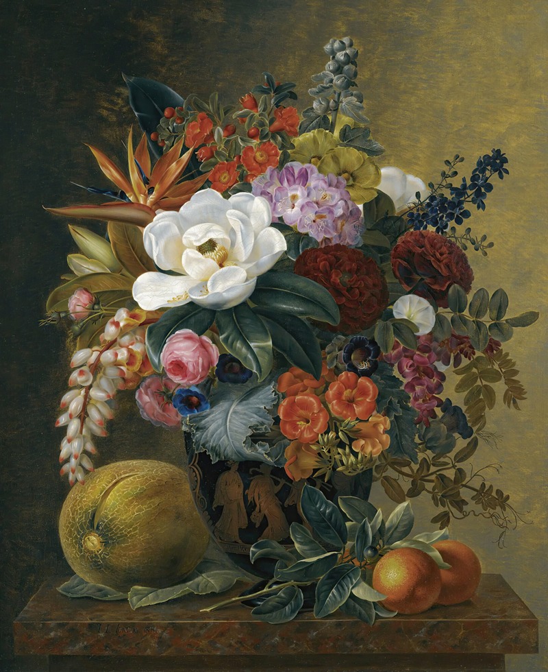 Johan Laurentz Jensen - Exotic blooms in a Grecian krater with fruit on a marble ledge