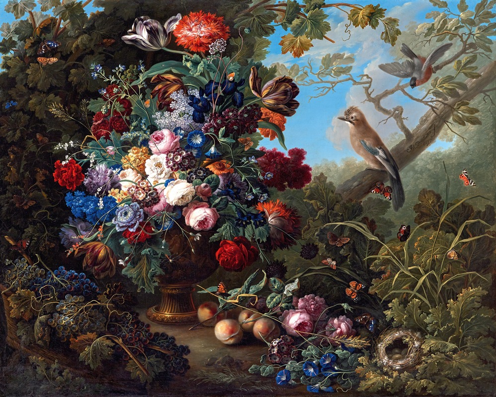 Johann Baptist Drechsler - Großes Blumenstillleben mit Vögeln