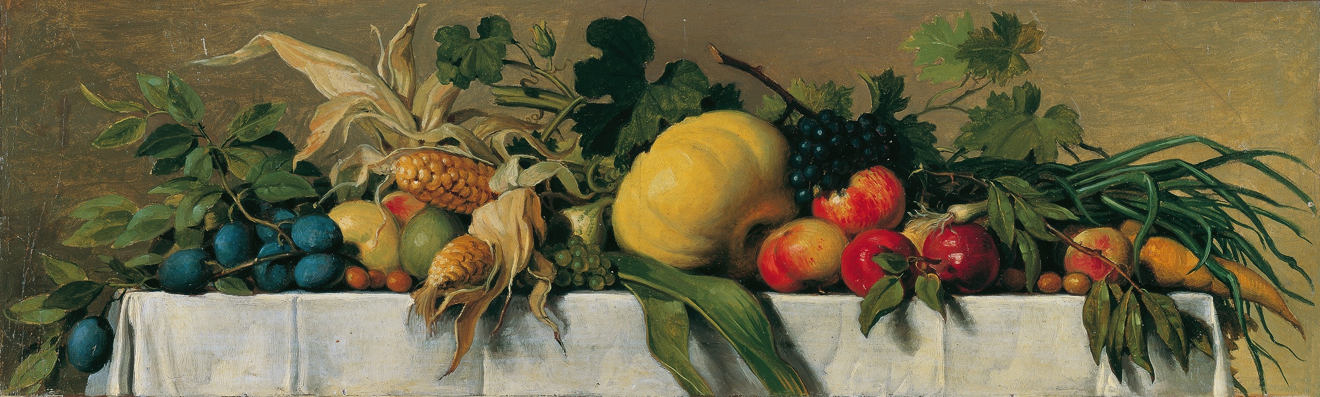 Johann Peter Krafft - Stillleben mit Obst und Gemüse auf weißem Tischtuch