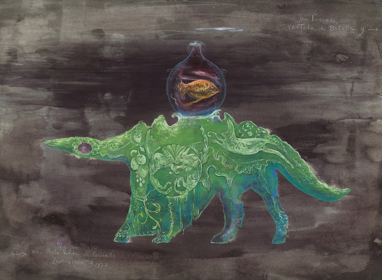 Un pescado vestido de botella y una mula vestida de cocodrilo by Leonora  Carrington - Artvee