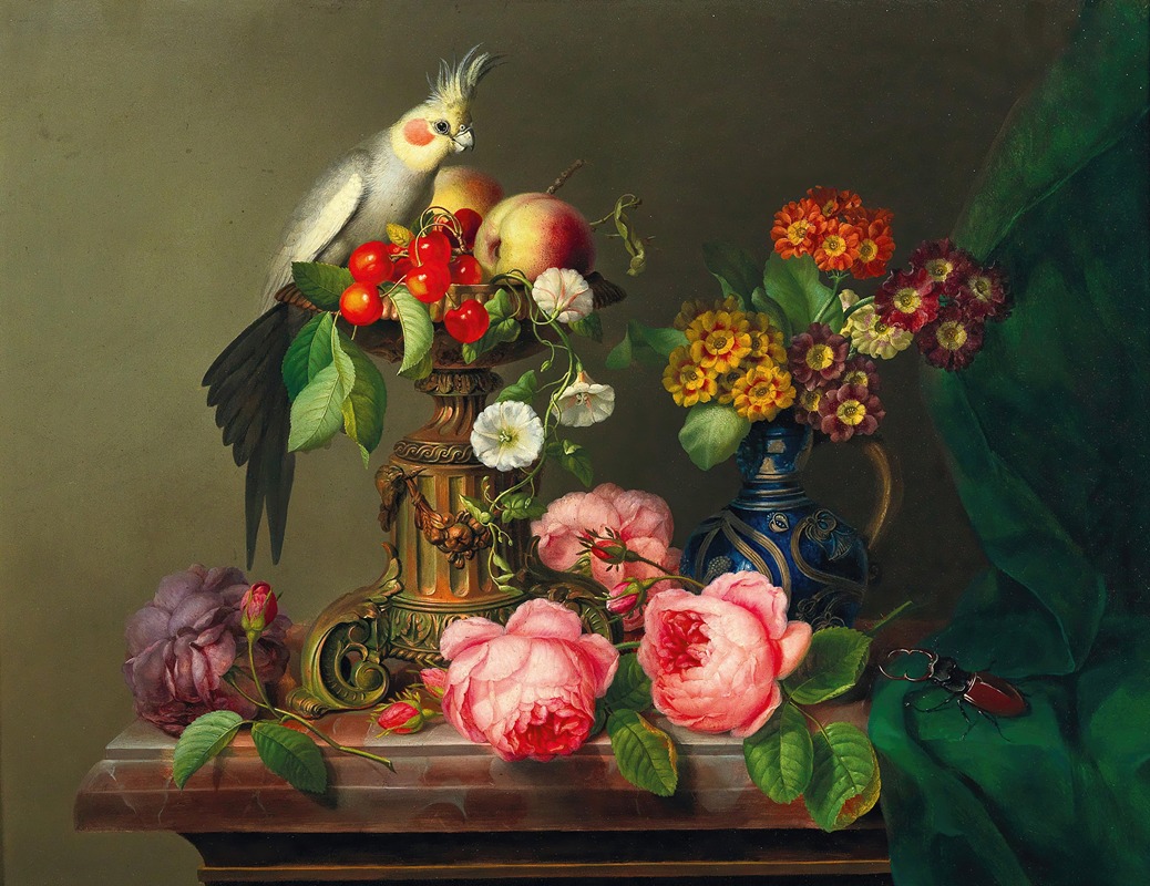 Leopold Brunner the Elder - Still Life with Roses, Fruit, Cockatiel and Stag Beetle