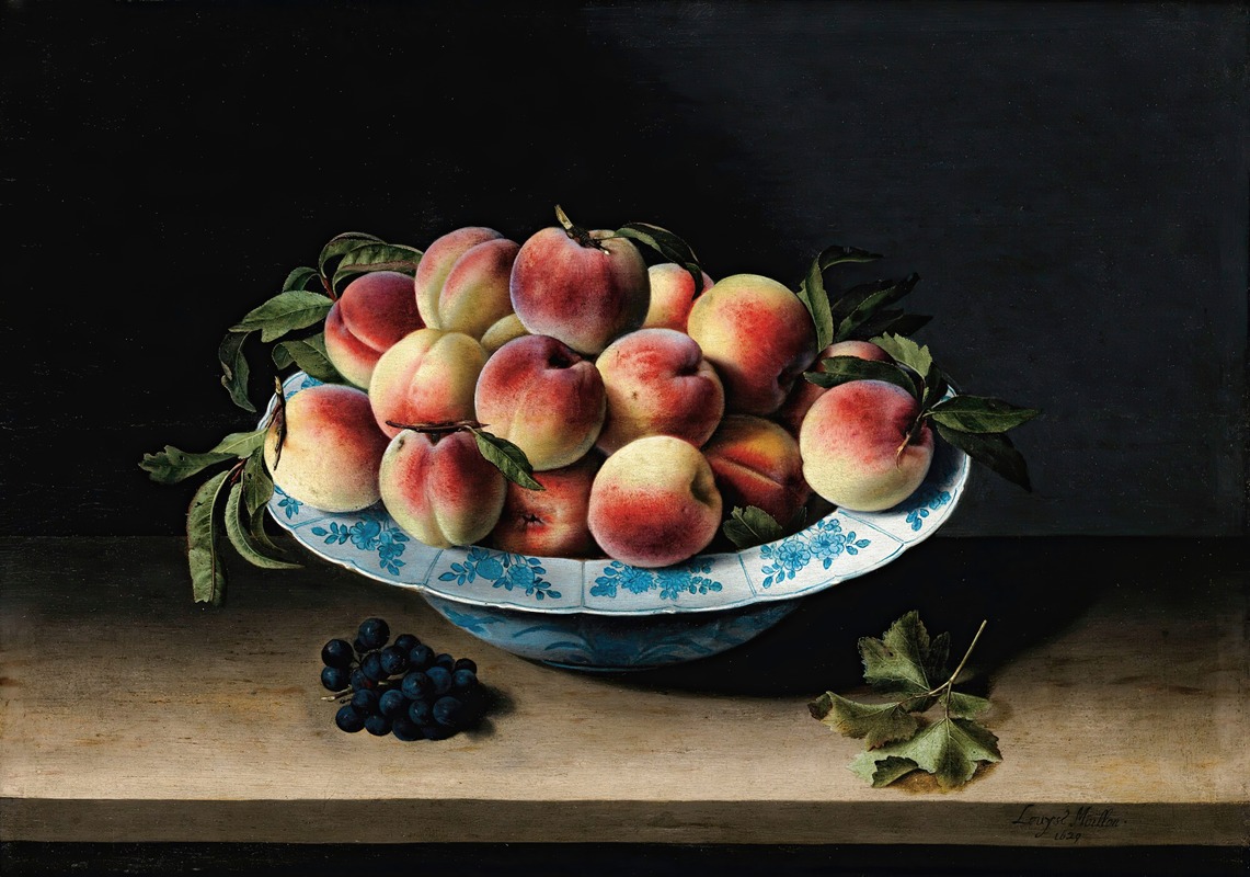 Louise Moillon - Still life with peaches in a chinese ming porcelain on an entablature