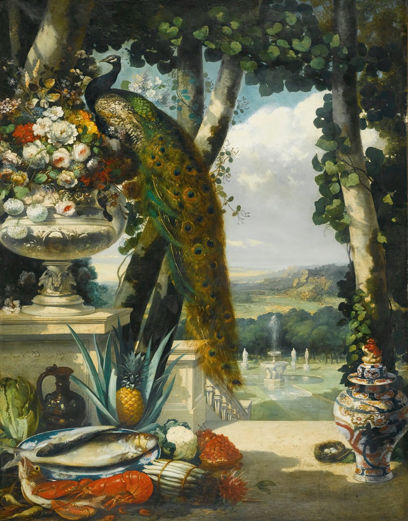 Narcisse-Virgile Diaz de La Peña - Still life with peacock, flowers, fruit and japanese vase, an extensive park landscape beyond