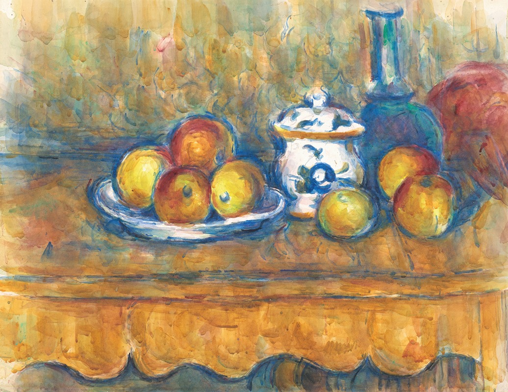 Paul Cézanne - Stillleben mit blauer Flasche, Zuckerdose und Äpfeln