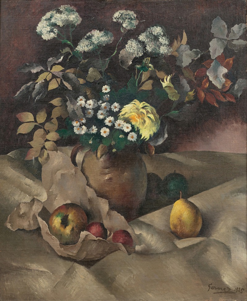 Paul-Elie Gernez - Still life with flowers, pears and apples