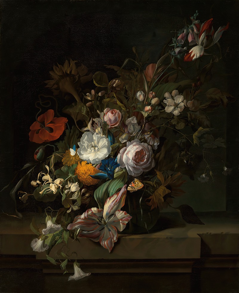 Rachel Ruysch - Tulips, rose, honeysuckle, apple blossom, poppies and other flowers in a glass vase, with a butterfly, on a marble ledge