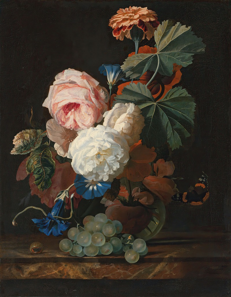 Simon Verelst - Roses, columbine, and poppies in a glass vase on a marble ledge with some grapes