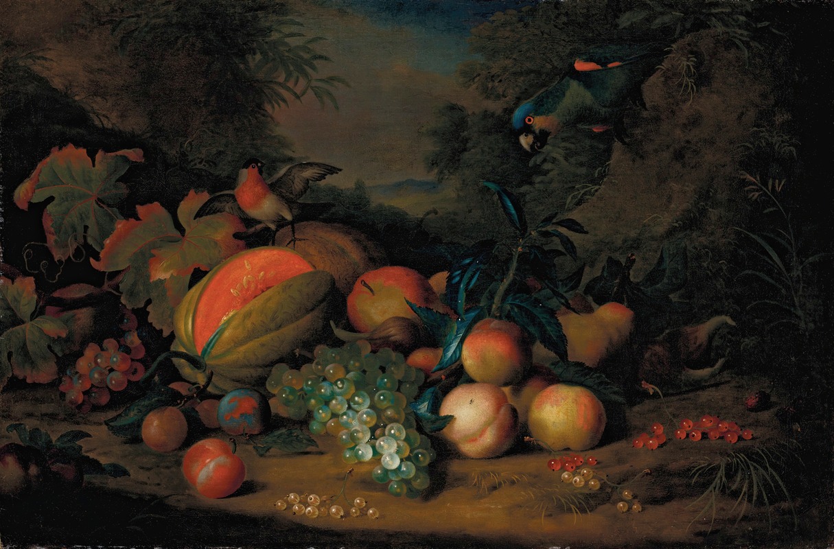 Tobias Stranover - A split melon, peaches, plums, grapes, apples and currants with a parrot and a bullfinch, a mountainous landscape beyond