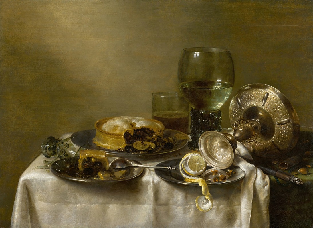 Willem Claesz Heda - A still life with an overturned silver tazza, glassware, pies and a peeled lemon on a table