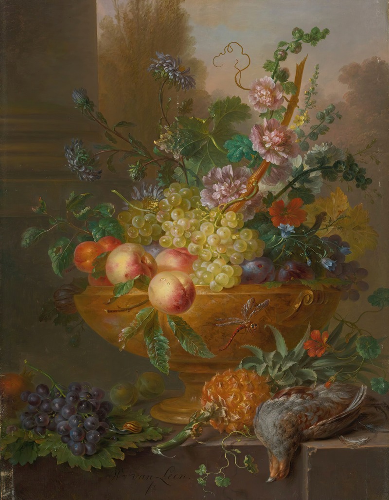 Willem van Leen - An urn filled with flowers, grapes, peaches, plums and apricots, a pineapple and a pigeon in the foreground