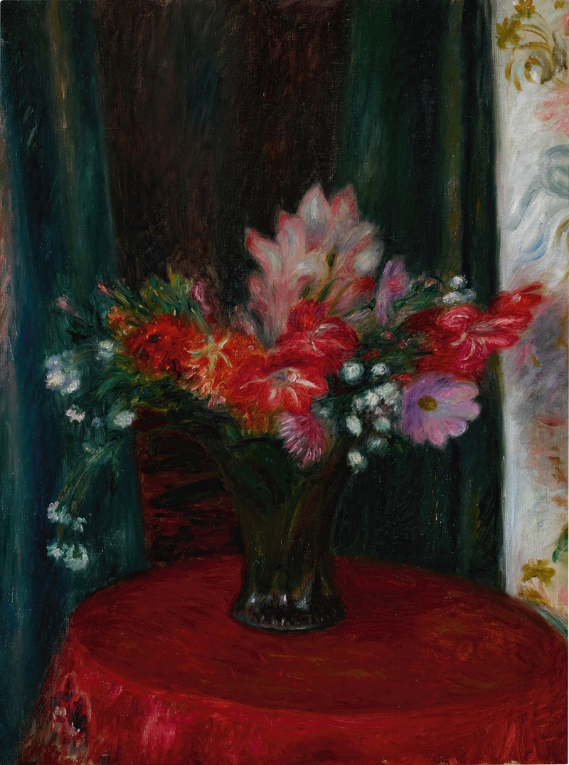 William James Glackens - Bouquet on Red Tablecloth