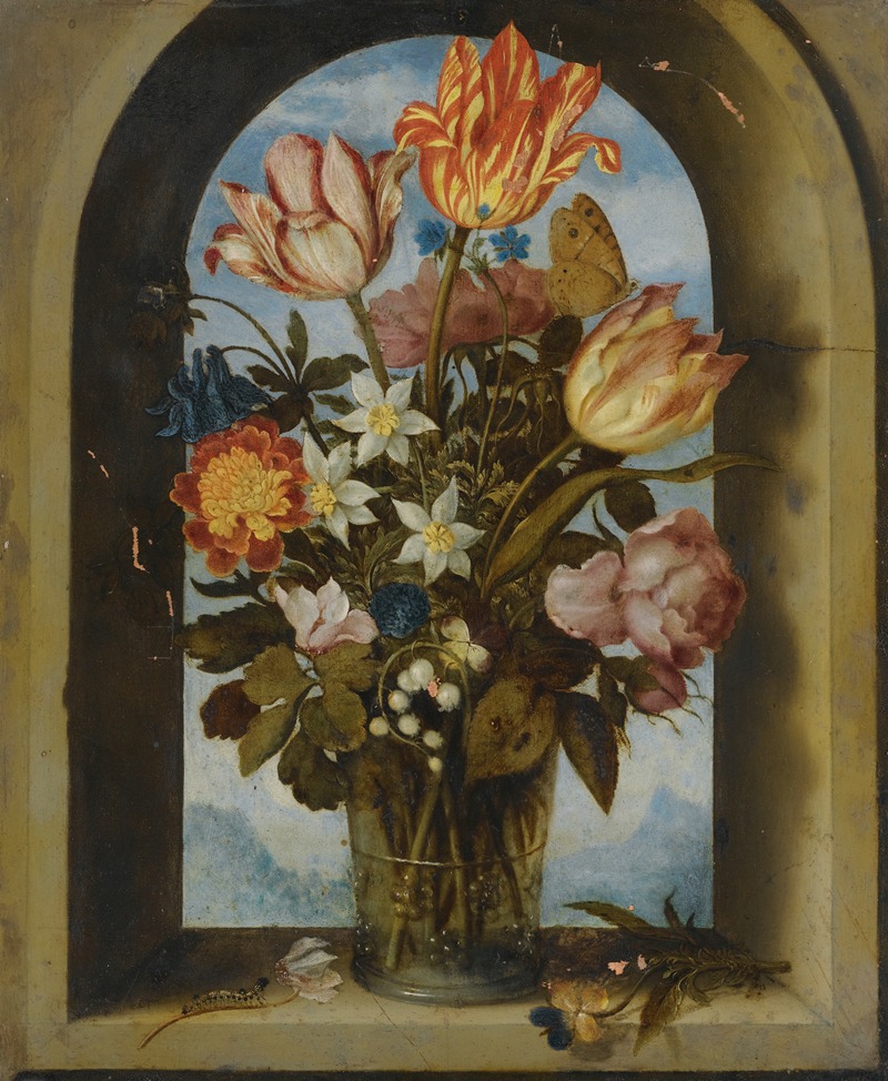 Ambrosius Bosschaert the Elder - Still Life Of Tulips, Moss-Roses, Lily-Of-The-Valley And Other Flowers In A Glass Beaker Set In An Arched Stone Window Opening,
