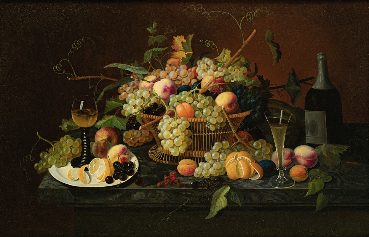 American School - Still Life With Fruit, Champagne Bottle And Glasses On A Table