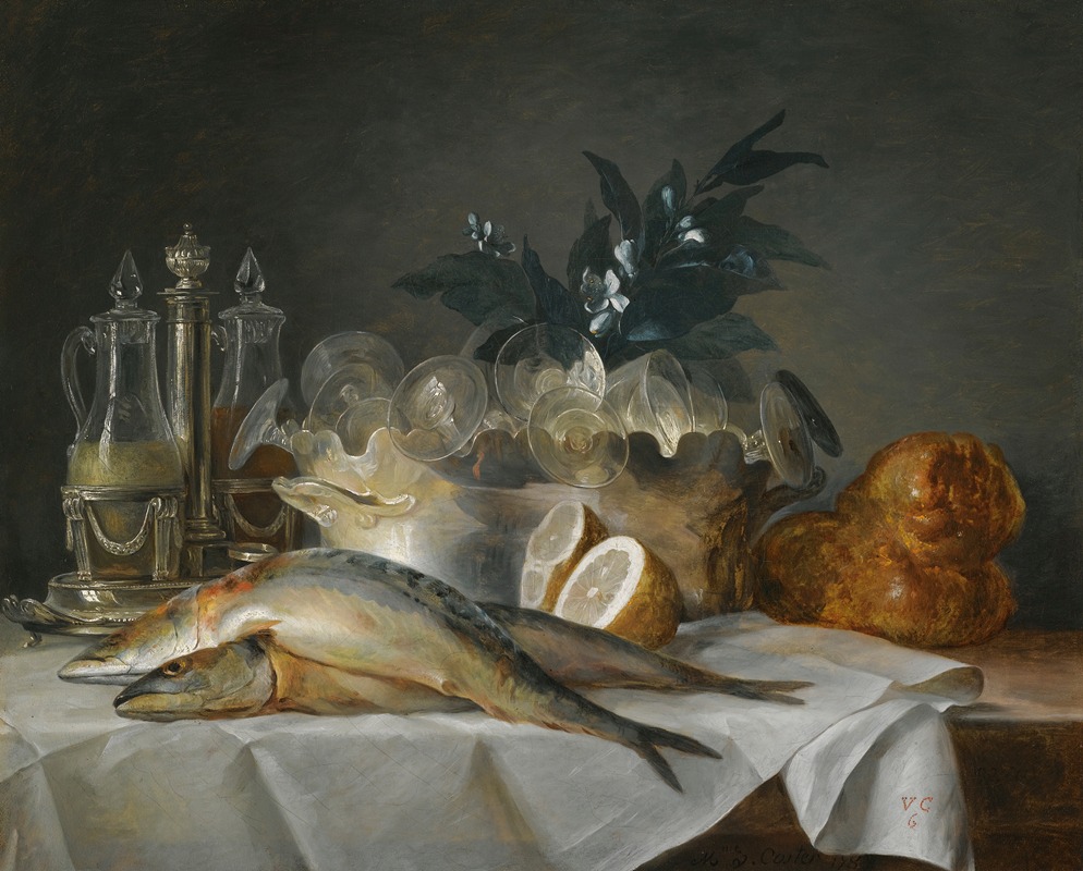 Anne Vallayer-Coster - A Still Life Of Mackerel, Glassware, A Loaf Of Bread And Lemons On A Table With A White Cloth