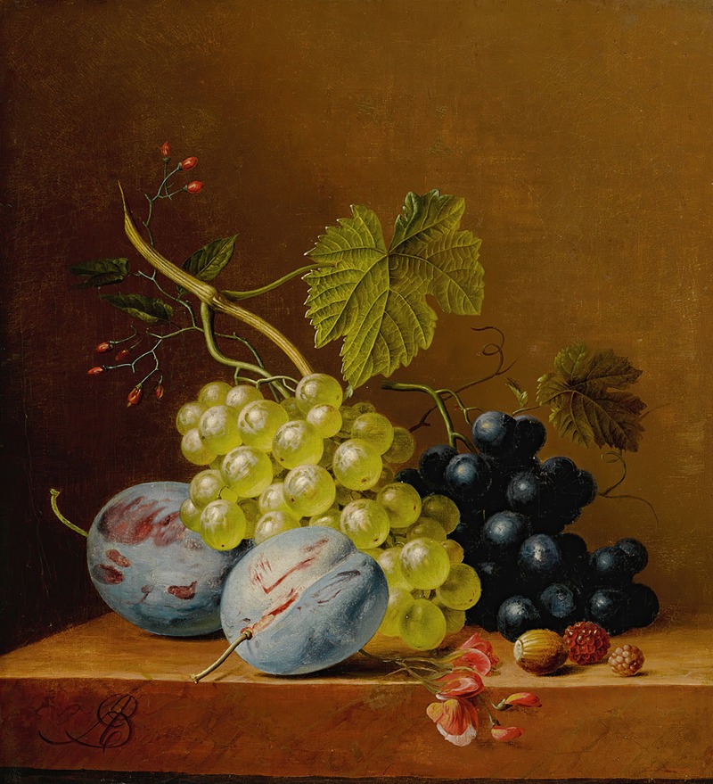 Arnoldus Bloemers - Grapes, plums, raspberries, flowers and an acorn on a wooden ledge
