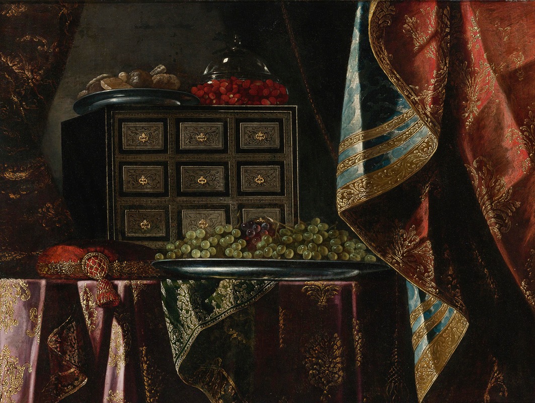 Carlo Manieri - STILL LIFE OF A CHEST, FRUIT AND OTHER OBJECTS ON A BROCADE DRAPED TABLE