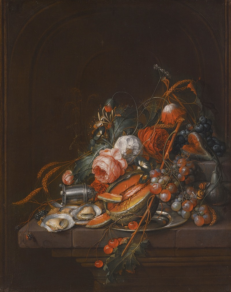 David Cornelisz. de Heem - A Still Life Of Oysters, Grapes, Cherries, Roses, Corn, Snails, A Melon And A Silver Sugar Shaker On A Stone Plinth