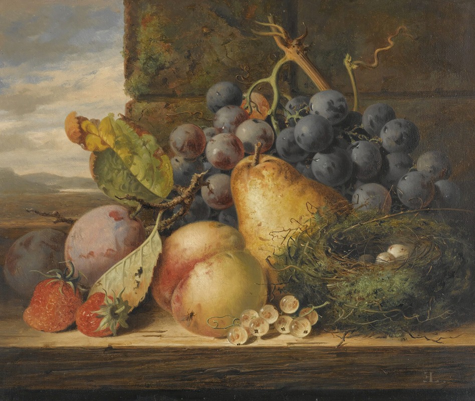 Edward Ladell - Still Life With A Bird’s Nest, A Pear, A Peach, Grapes, Strawberries And Plums