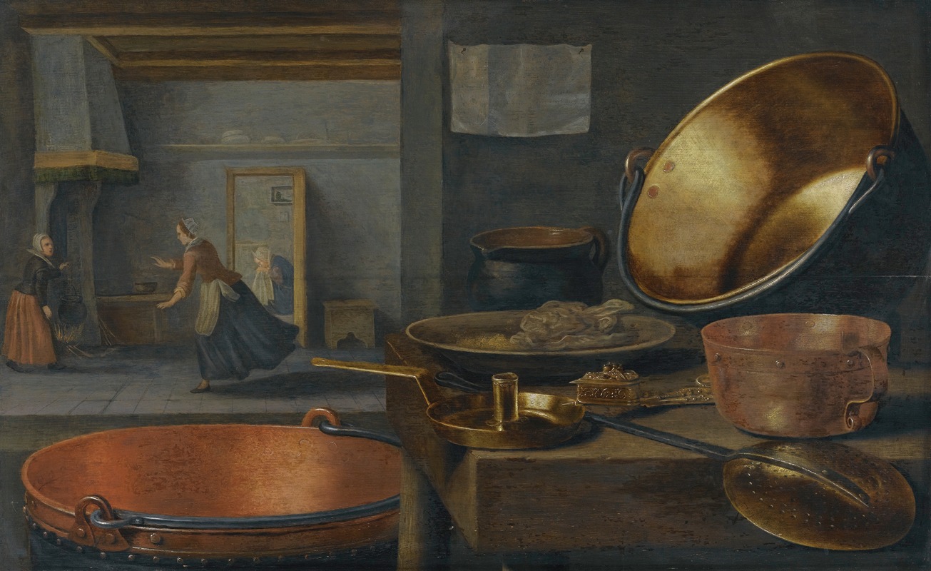 Floris Van Schooten - A Kitchen Still Life With Pots And Pans On A Stone Ledge And Animated Figures In The Background