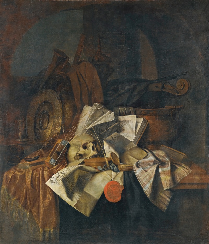 Franciscus Gijsbrechts - A Vanitas Still Life With A Skull, A Shield, An Hour Glass, Books And Papers On A Tabletop