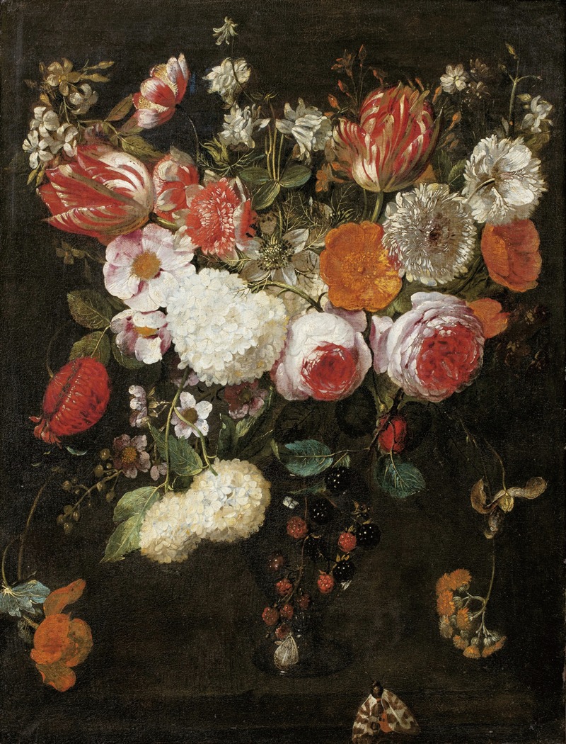 Gaspar Peeter Verbruggen the Elder - Still Life With Roses, Tulips And Other Flowers In A Vase Together With Blackberries And A Moth