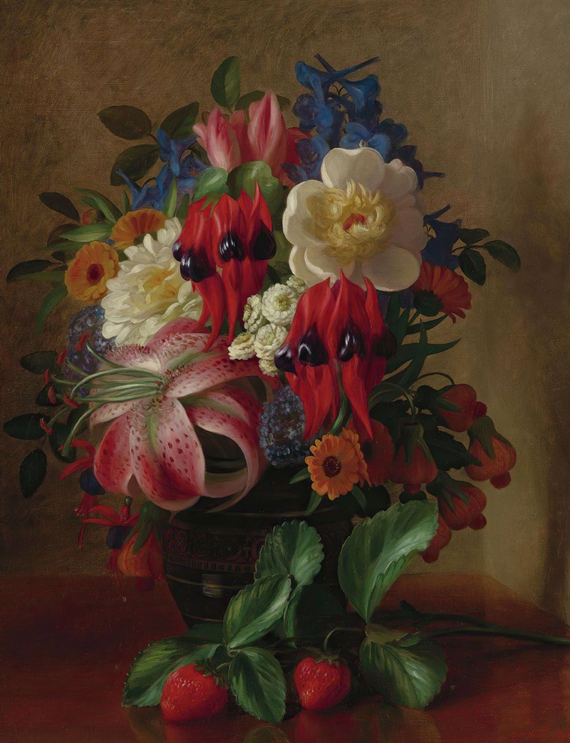 George Henry Hall - Still Life With Flowers And Strawberries