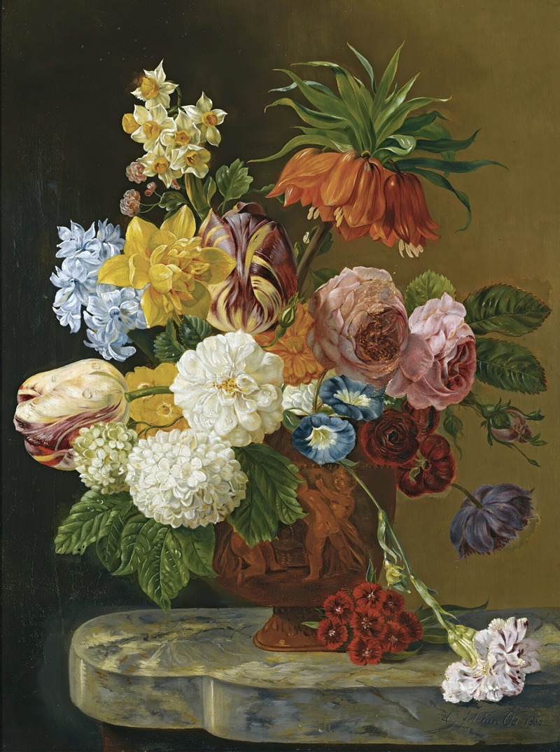 Georgius Jacobus Johannes van Os - A Still Life With Roses, Peonies, Tulips, Daffodils, Carnations And Other Flowers In A Vase