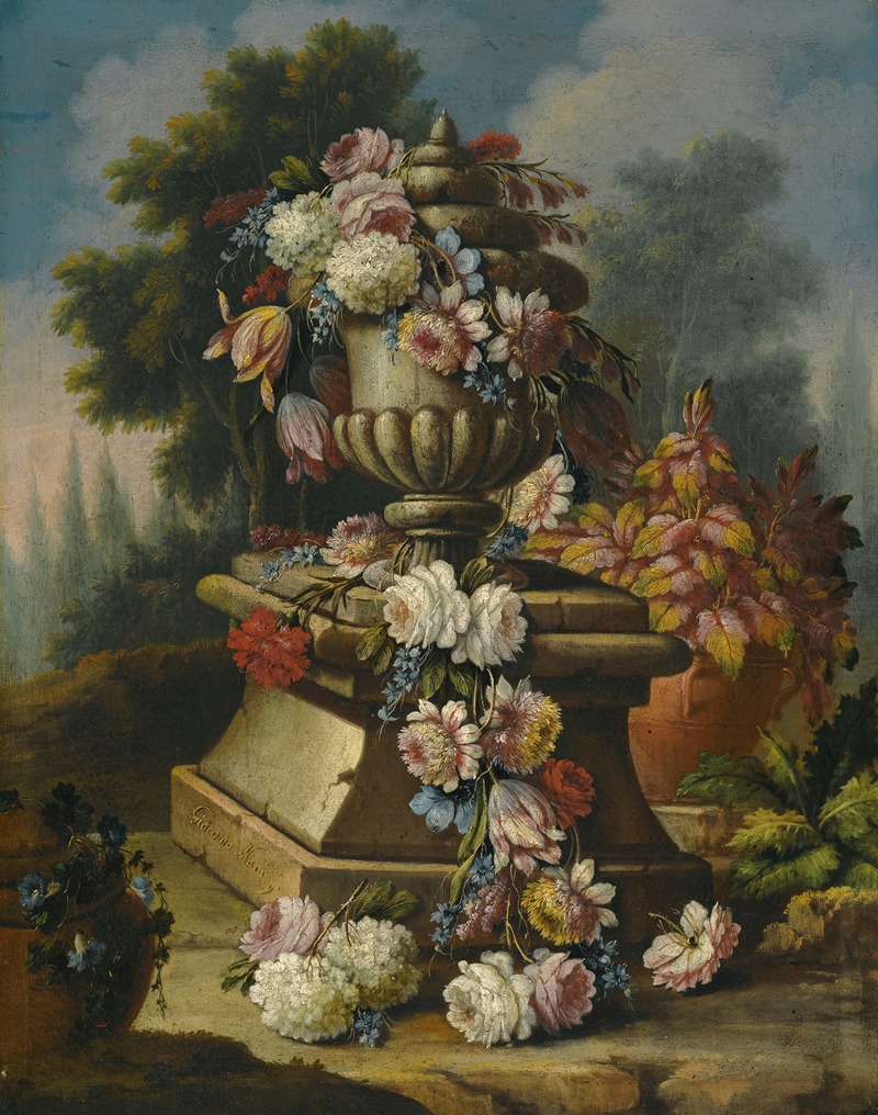 Giacomo Nani - A Still Life With A Garland Of Roses, Tulips, Carnations And Other Flowers, Draped Around A Stone Urn In A Landscape