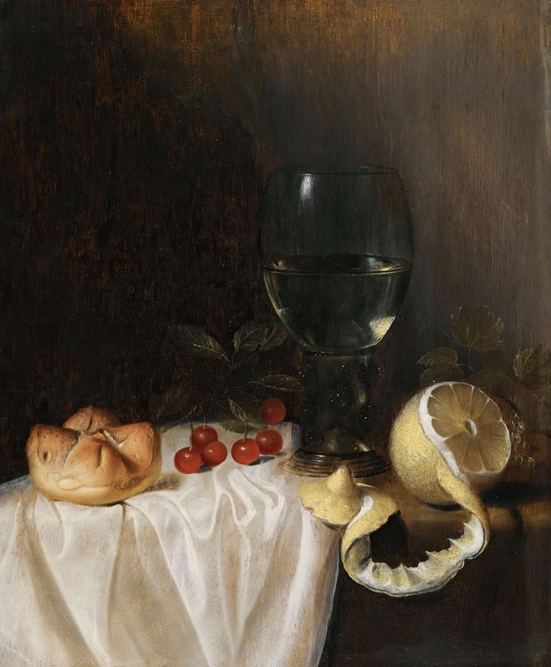 Gillis Gillisz. de Bergh - A Still Life With A Roemer, A Peeled Lemon, Cherries And A Bread Roll On A Partly-Draped Table