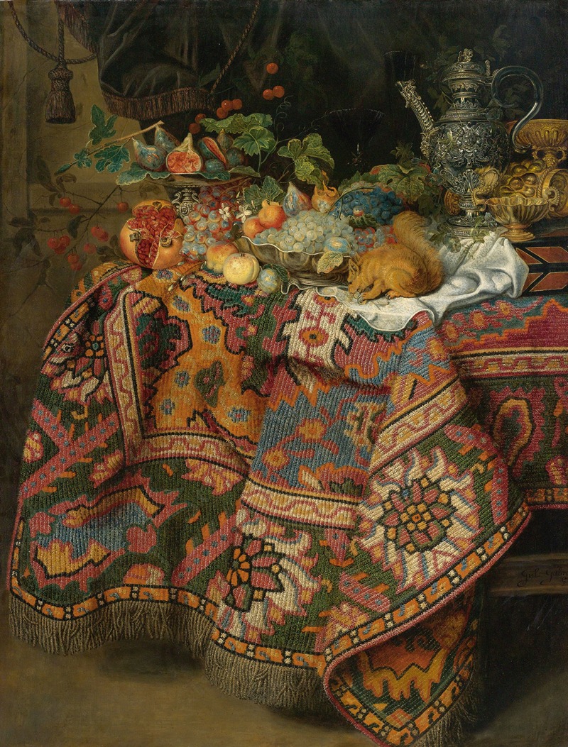 Guiliam Gabron - Still Life With Fruit, Gold And Silver Vessels And A Squirrel, All On A Table Covered By A Persian Rug