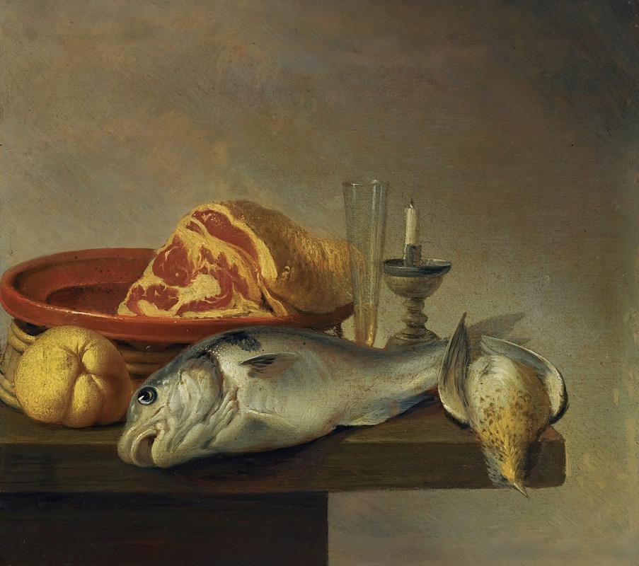 Harmen Steenwyck - Still Life With A Ham, A Fish, A Candle And Other Objects Arranged On The Edge Of A Tabletop