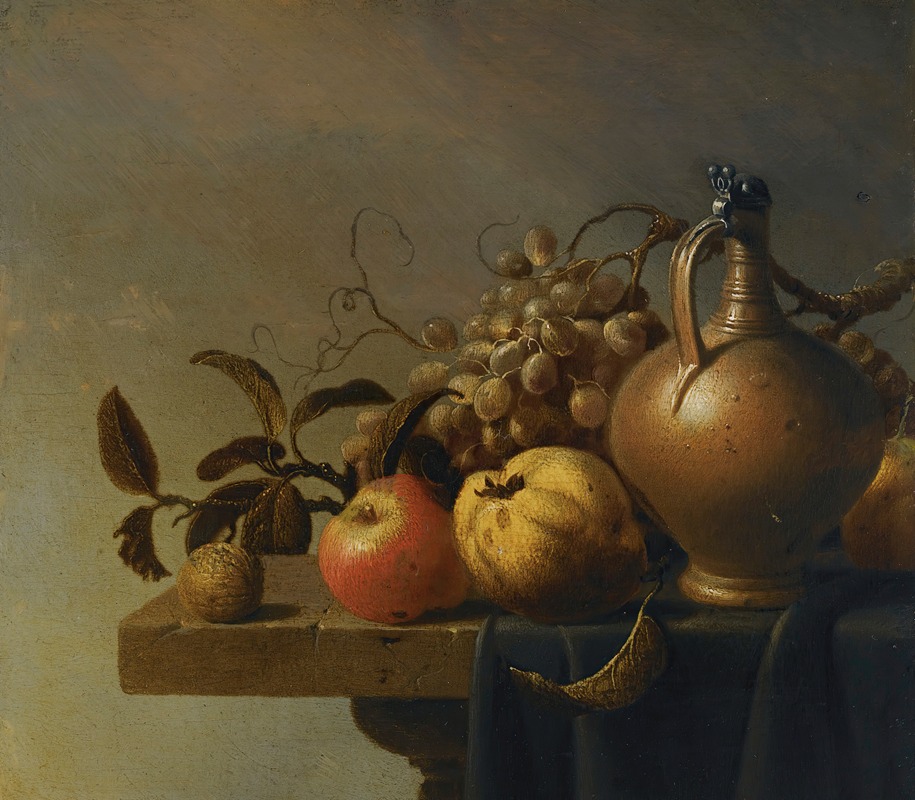 Harmen Steenwyck - Still Life With A Ewer And Some Fruit On A Partly-Draped Stone Ledge