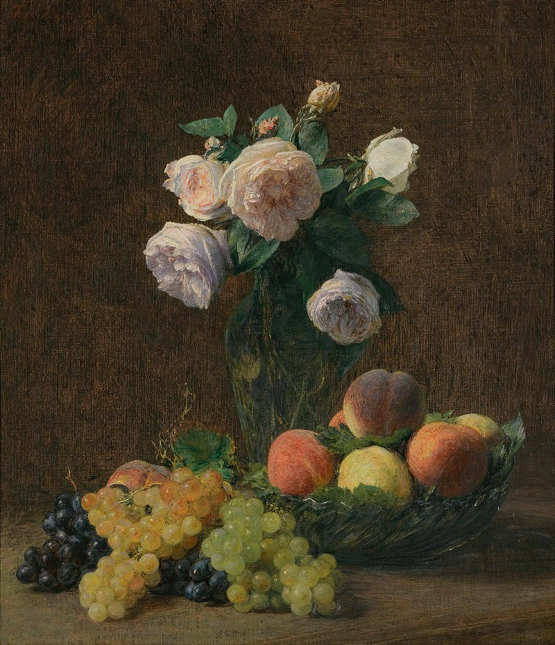 Henri Fantin-Latour - Nature Morte; Vase De Roses, Pêches Et Raisins